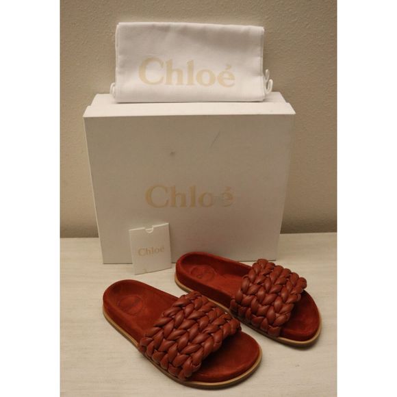 Chloé Womens Sz 37W US 7 Terracotta Red Kacey Braided Leather Slide Sandals - Picture 1 of 11